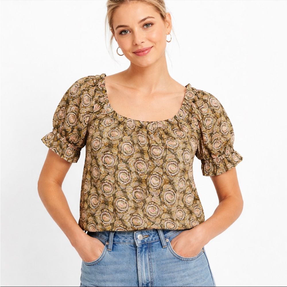 NEW J. Crew Ruffle Featherweight Satin Scoop Neck Top in Dandelion Swirl S